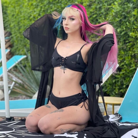 Killstar “Xandria” Bikini – Black-on-Black Cross Detail, Lace-Up Top & Side-Tie - Picture 1 of 8